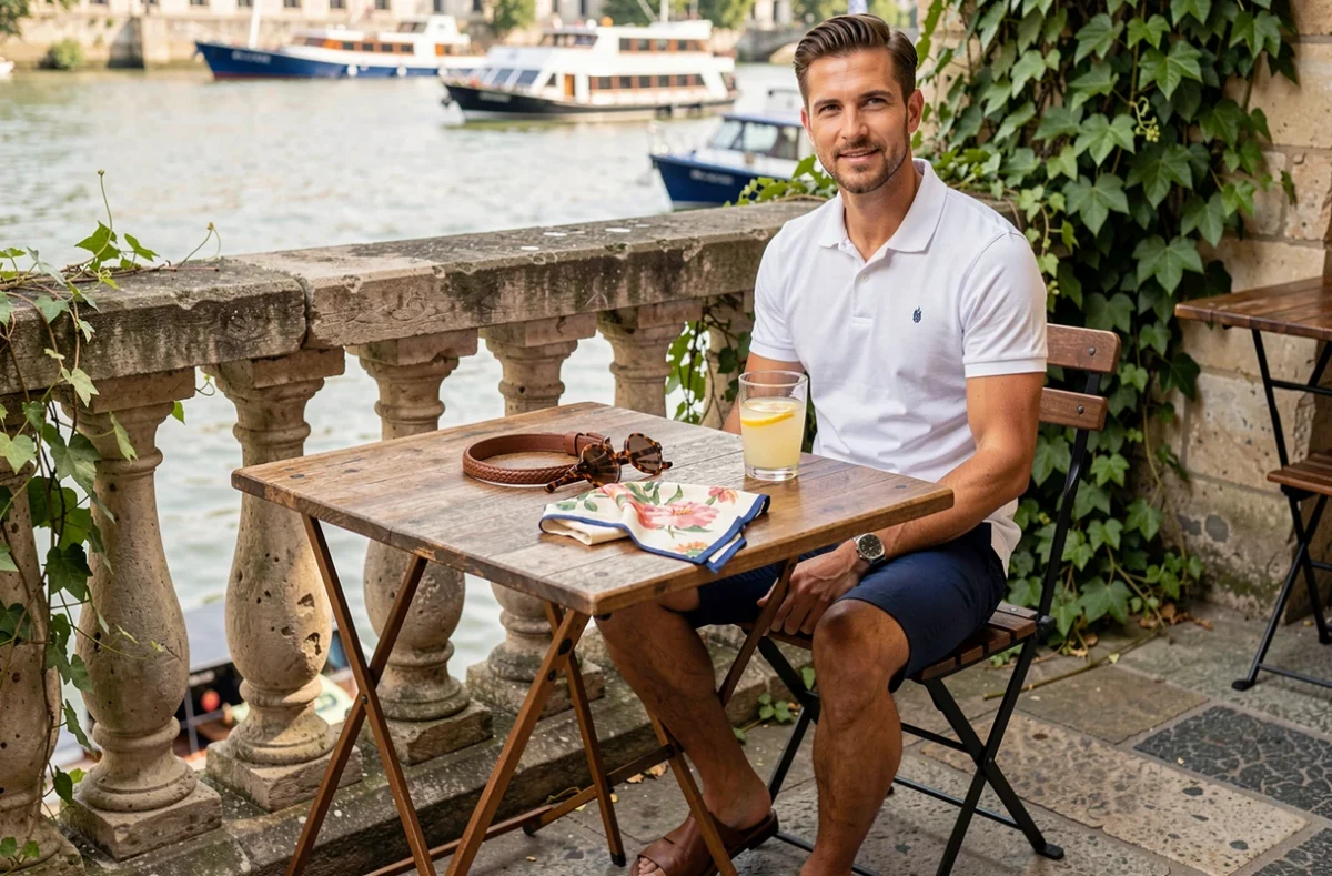 Accessoires de mode homme guinguette sur table de bistrot en terrasse au bord de l'eau : pochette soie, ceinture tressée, lunettes écaille