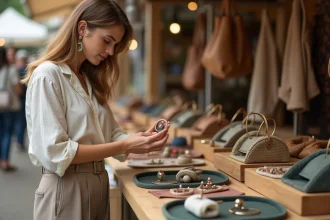 Jeune femme explorant des accessoires tendance pas chers sur un marché vintage en plein air, bijoux et sacs en exposition sur une table en bois