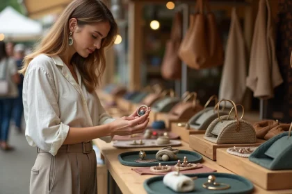 Jeune femme explorant des accessoires tendance pas chers sur un marché vintage en plein air, bijoux et sacs en exposition sur une table en bois