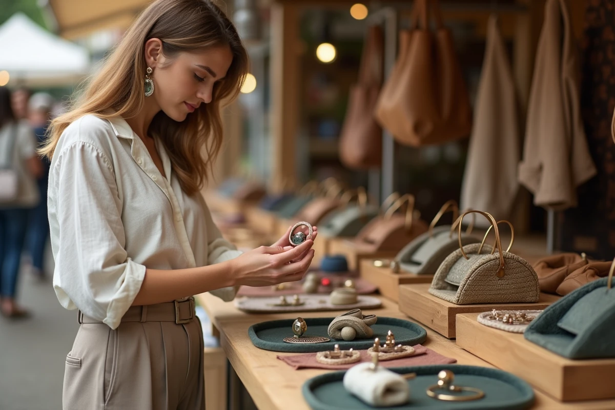 Jeune femme explorant des accessoires tendance pas chers sur un marché vintage en plein air, bijoux et sacs en exposition sur une table en bois