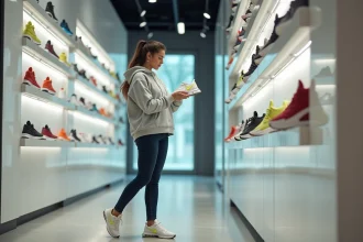 Jeune femme examinant des sneakers Nike Air Max dans une boutique moderne spécialisée en chaussures tendance
