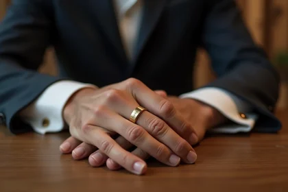 Alliance homme en or brossé avec gravure personnalisée portée lors d'un mariage, plan macro sur les mains