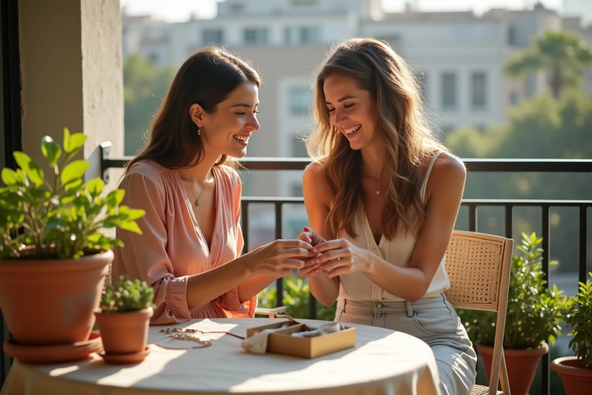 Deux amies échangeant des bracelets personnalisés faits maison sur un balcon ensoleillé avec un kit de bijoux ouvert
