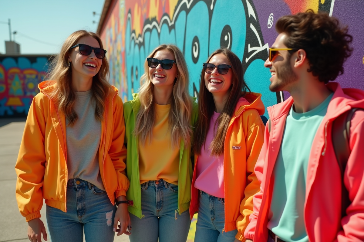 Groupe d amis dans les années 90 avec vêtements colorés et graffiti