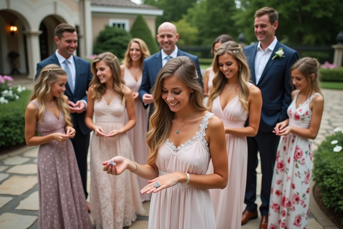 Groupe d amis et famille &eacute;changeant des bracelets lors du mariage