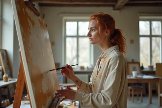 Béatrice Vonderweidt peintre dans son atelier parisien devant une grande toile inachevée, tenant un pinceau