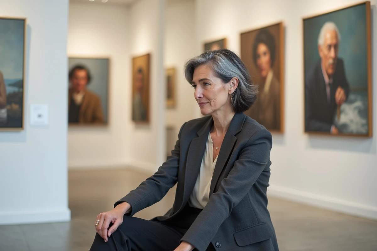 Portrait de Béatrice Vonderweidt assise dans une galerie d'art entourée de ses tableaux lors d'une rétrospective