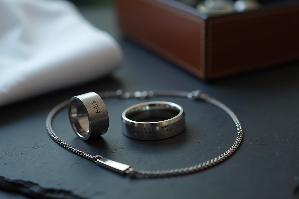 Bijoux homme personnalisables pour mariage disposés sur ardoise : alliance gravée, boutons de manchette et bracelet
