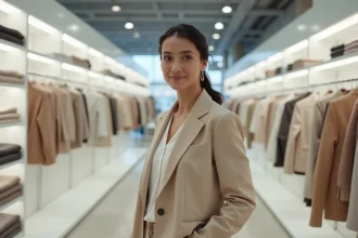 Femme en blazer beige dans un magasin Zara minimaliste aux étagères blanches et vêtements soigneusement pliés