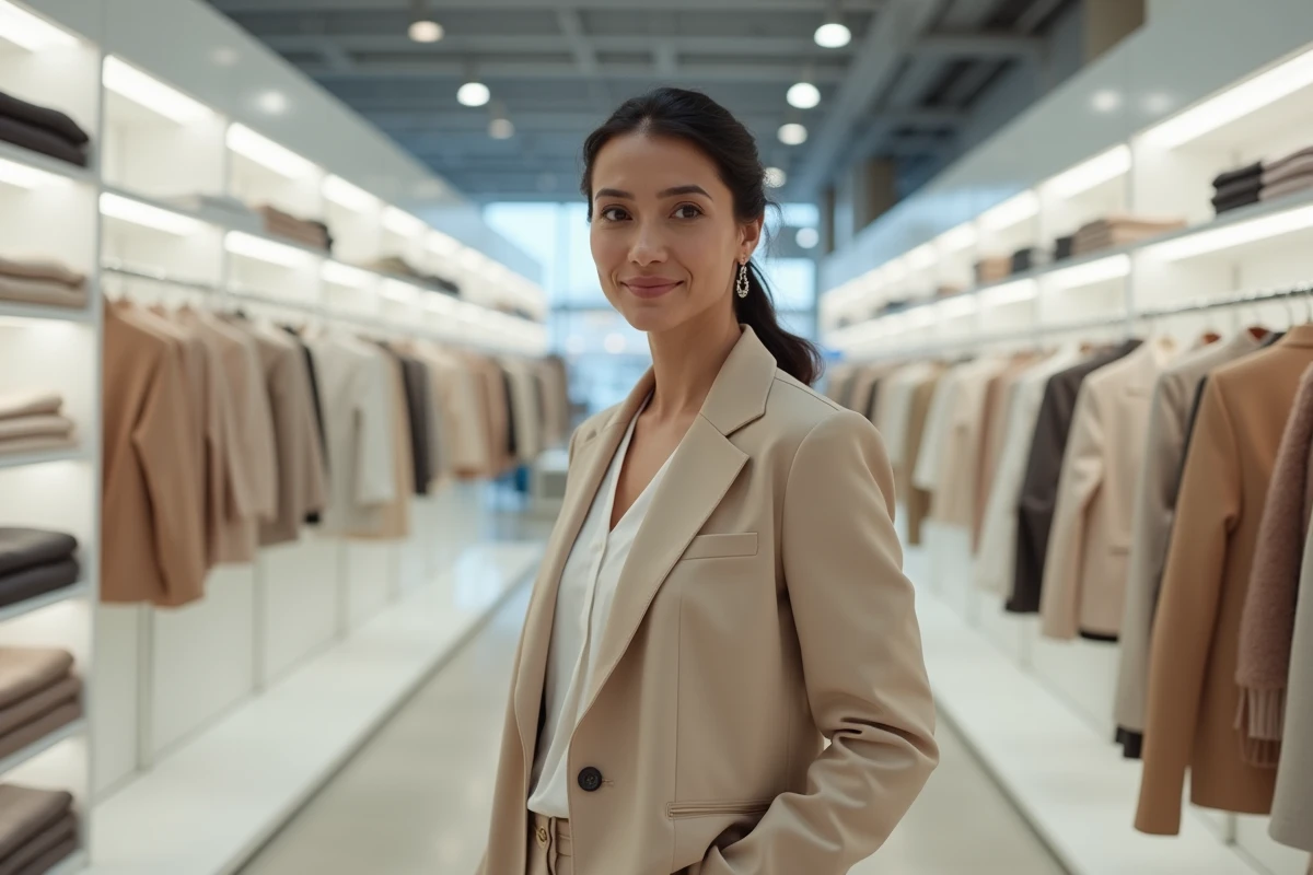 Femme en blazer beige dans un magasin Zara minimaliste aux étagères blanches et vêtements soigneusement pliés