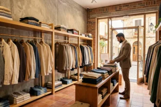 Intérieur d'une boutique de mode masculine en Provence, avec des portants de vêtements soigneusement organisés et un vendeur élégant