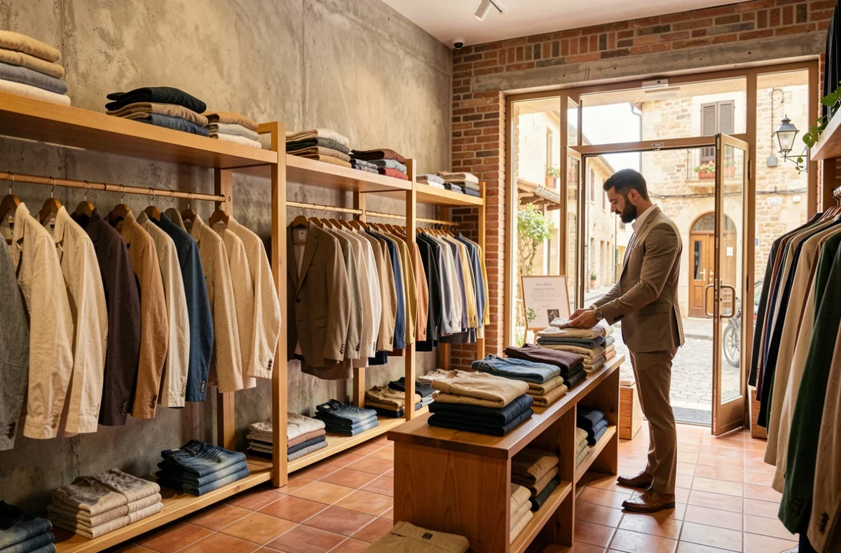 Intérieur d'une boutique de mode masculine en Provence, avec des portants de vêtements soigneusement organisés et un vendeur élégant