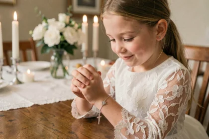 Jeune fille en robe de communion blanche admirant son bracelet en argent avec une croix, assis à une table décorée pour la fête