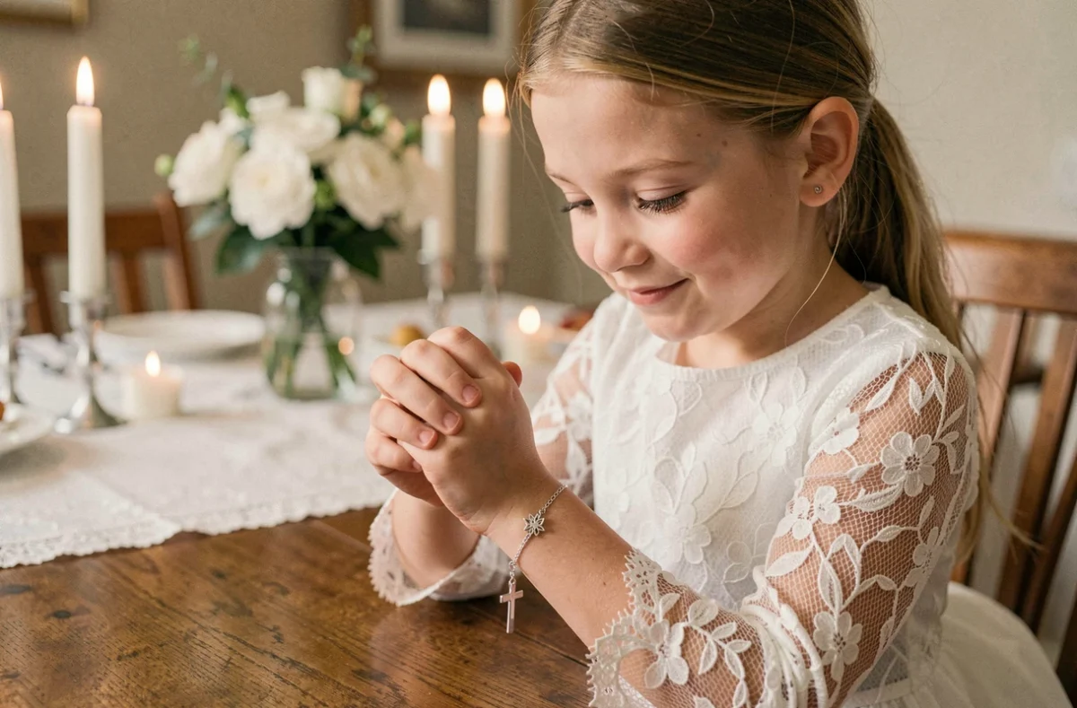 Jeune fille en robe de communion blanche admirant son bracelet en argent avec une croix, assis à une table décorée pour la fête