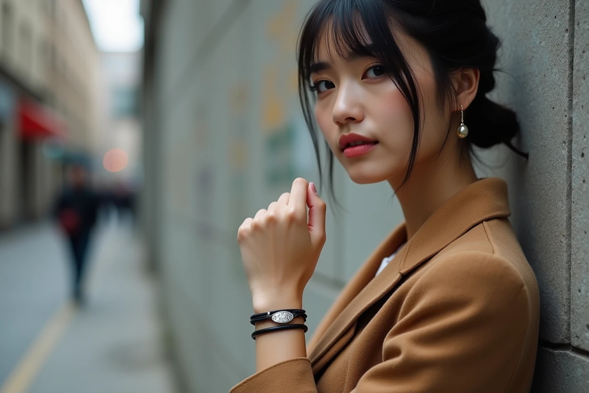 Femme élégante en blazer camel avec un bracelet cordon tendance 2026 noir et charme en argent devant un mur en béton urbain