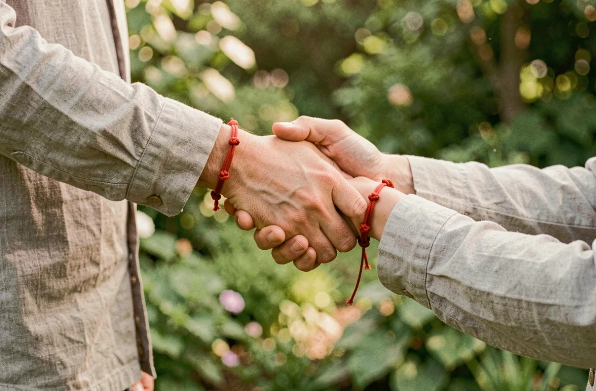 Deux poignets portant un bracelet fil rouge à 7 nœuds, symbole d'amour et de lien spirituel