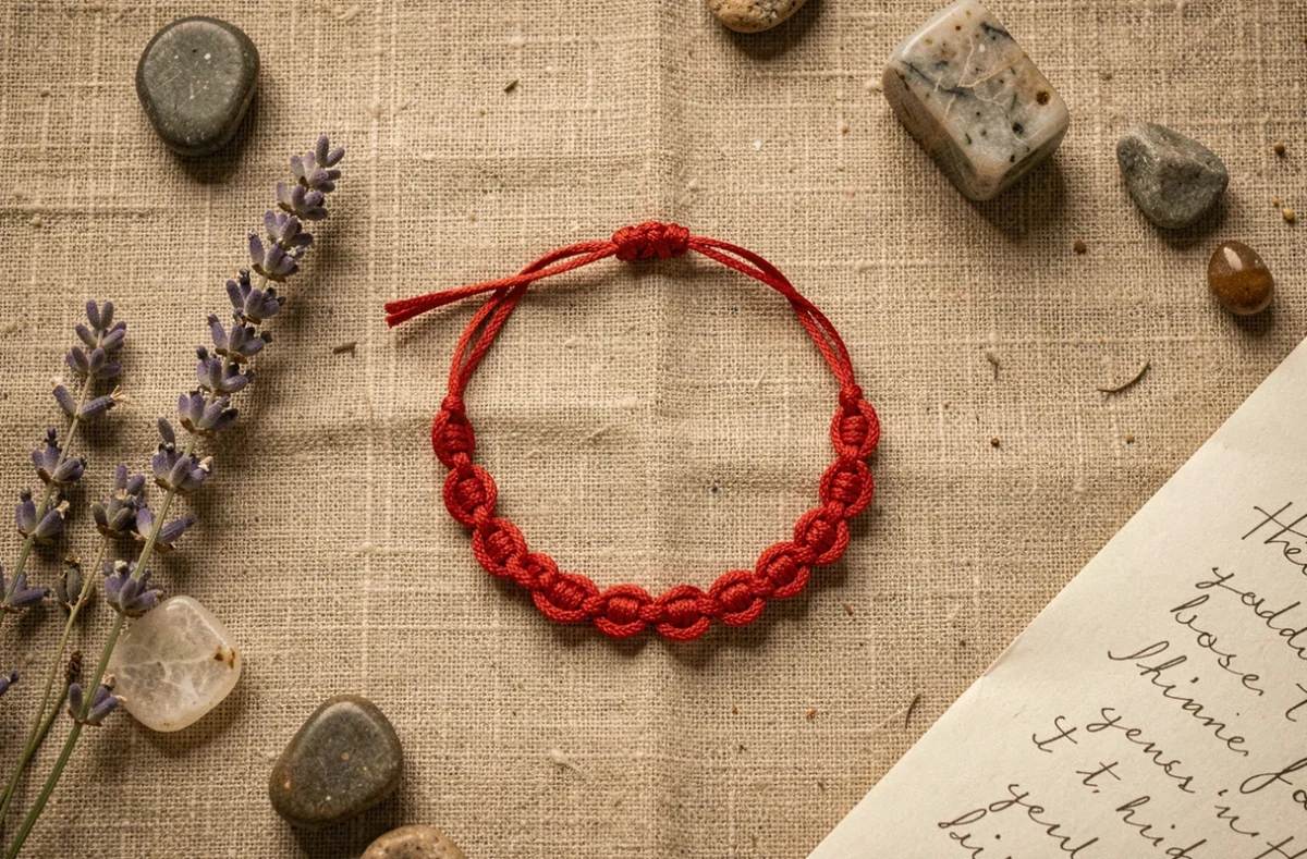 Bracelet fil rouge 7 nœuds posé sur un tissu en lin avec des objets symboliques de protection et de chance
