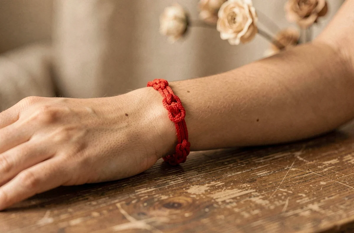Bracelet fil rouge à 7 nœuds porté au poignet d'une femme, symbole de protection et de chance