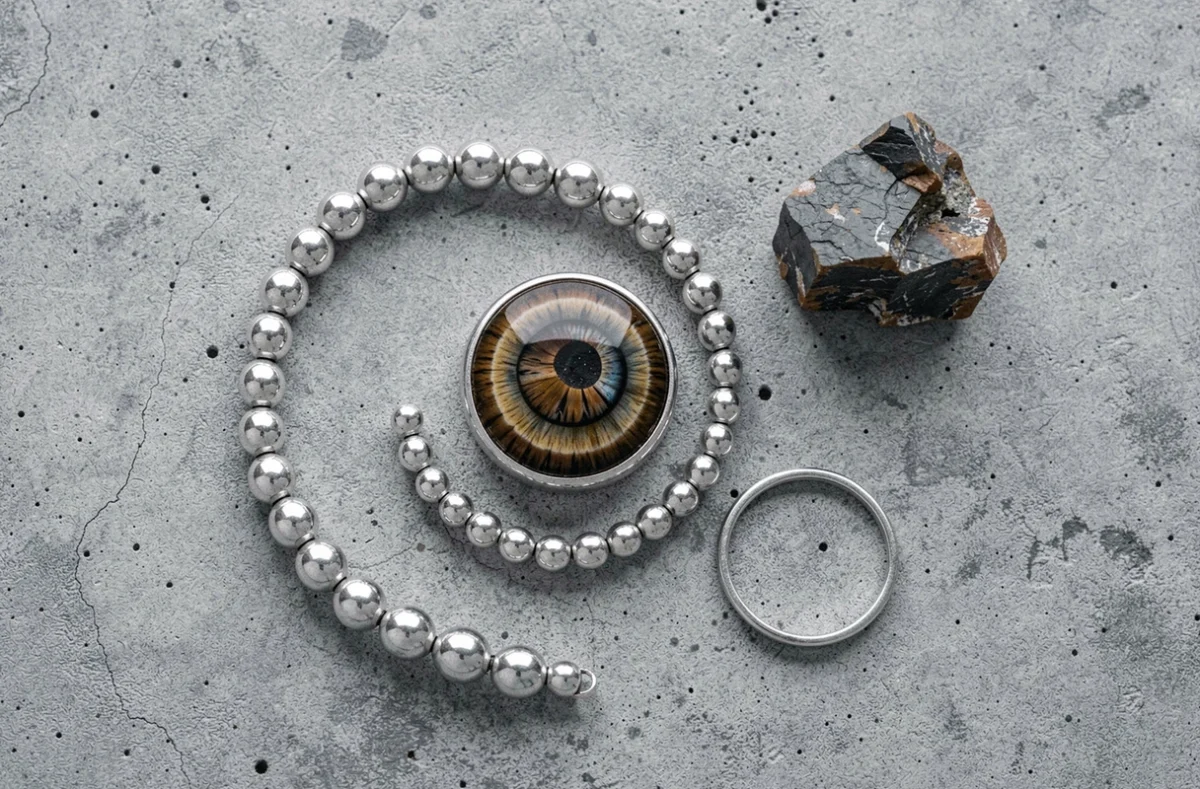 Bracelet oeil du tigre et argent en flat lay sur béton gris avec pierre brute et bague argent, présentation éditoriale