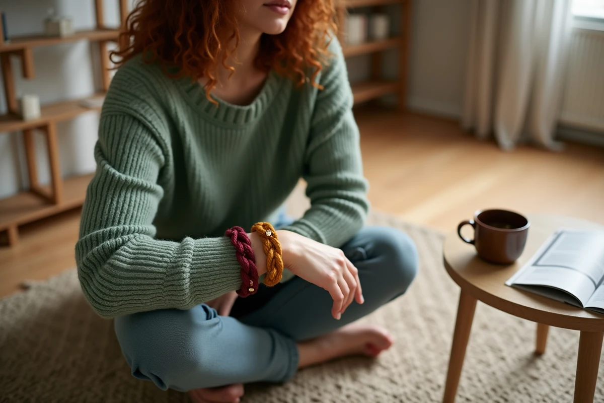 Jeune femme aux cheveux bouclés portant des bracelets cordon tendance 2026 en bordeaux et jaune moutarde dans un appartement scandinave cosy