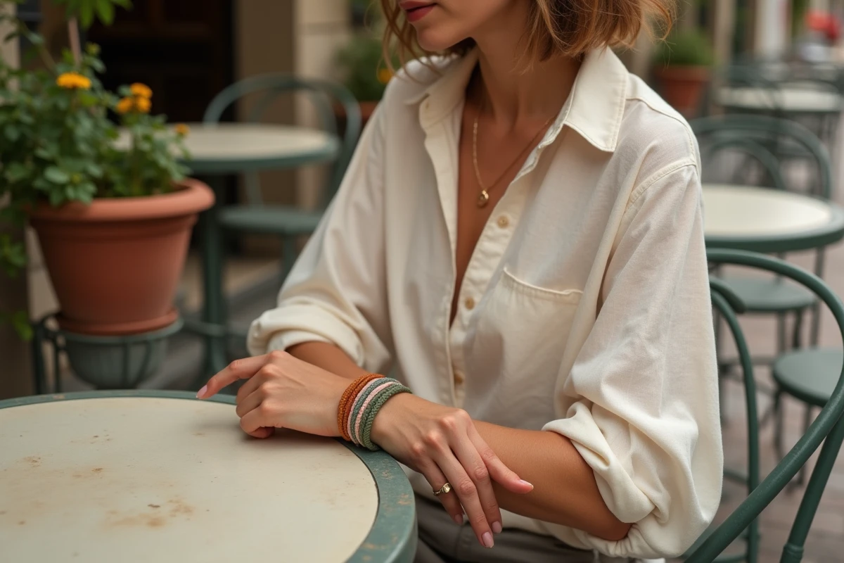 Femme portant des bracelets cordon tendance 2026 superposés en terracotta, vert sauge et rose poudré, vue de près sur le poignet dans un café parisien