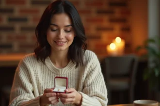 Femme tenant un écrin de bijoux SRD ouvert révélant un collier en or, assise dans un café chaleureux pour la Saint-Valentin