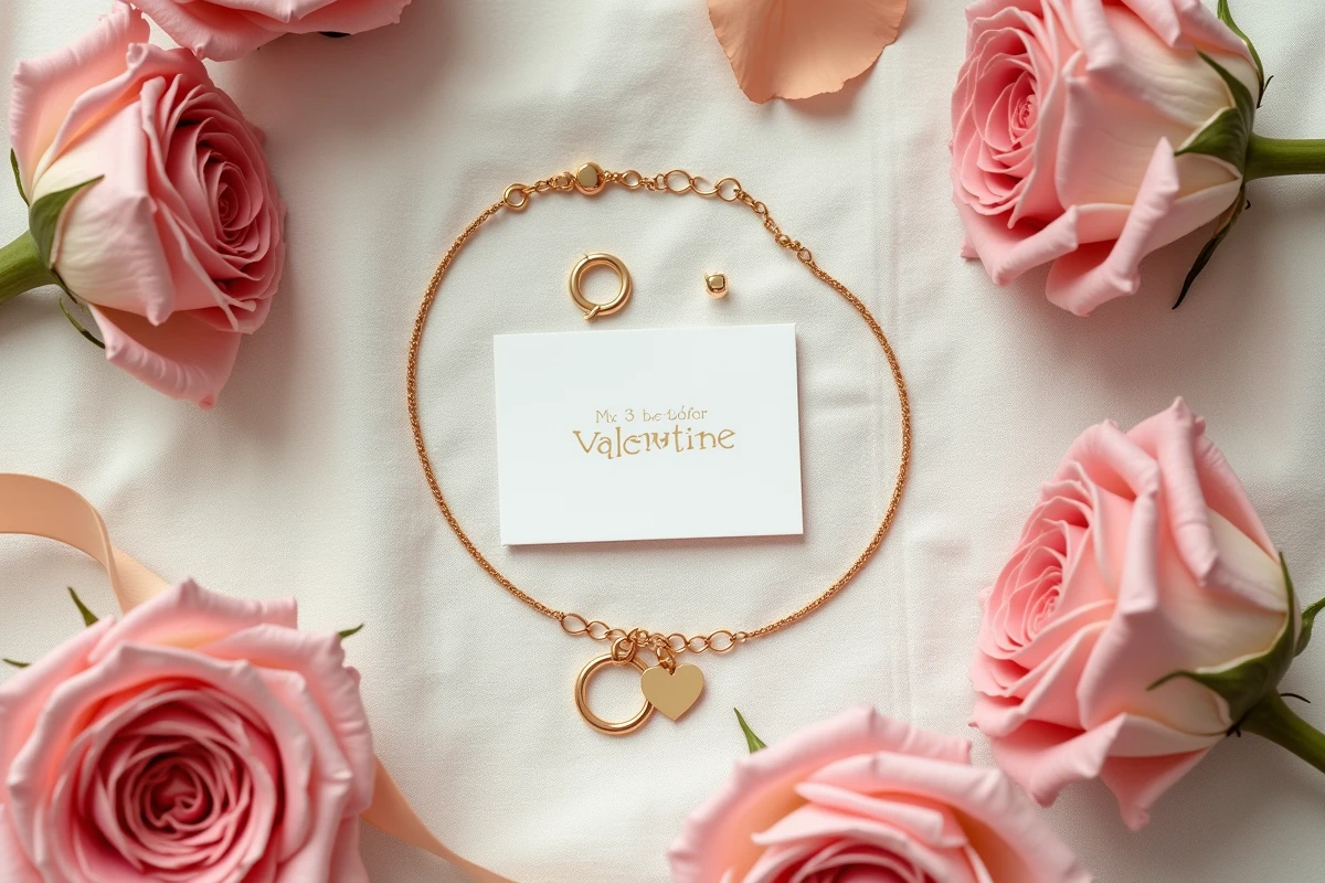 Flat lay élégant de bijoux SRD en or — bracelet, boucles d'oreilles et bague — sur lin blanc avec pétales de rose séchés pour la Saint-Valentin