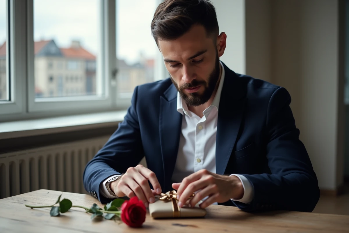 Homme posant un sachet cadeau bijou SRD avec un ruban satiné et une rose rouge sur une table en bois pour la Saint-Valentin