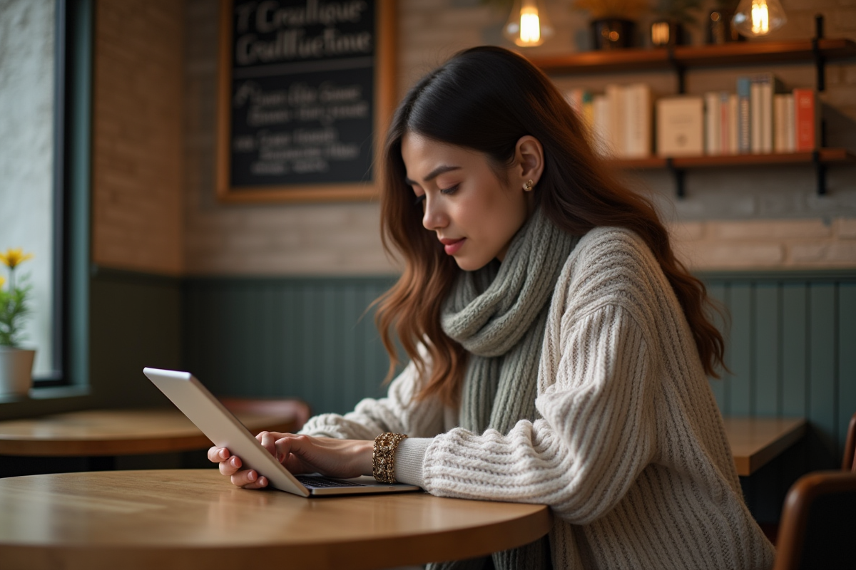 Célébrité assise au café lisant sur une tablette