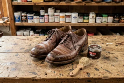 Chaussures Oxford en cuir ternes posées sur un établi en bois avec un pot de cirage brun et une brosse à lustrer