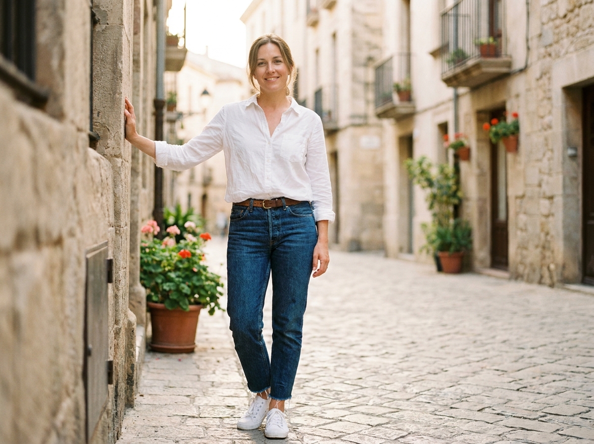Femme portant un chemisier blanc en coton et un jean brut dans une rue pavée européenne, tenue casual chic décontractée