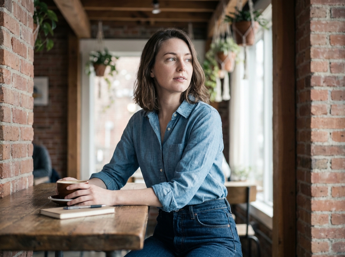 Femme en chemisier chambray bleu et jean taille haute dans un café vintage, style éditorial moderne et décontracté