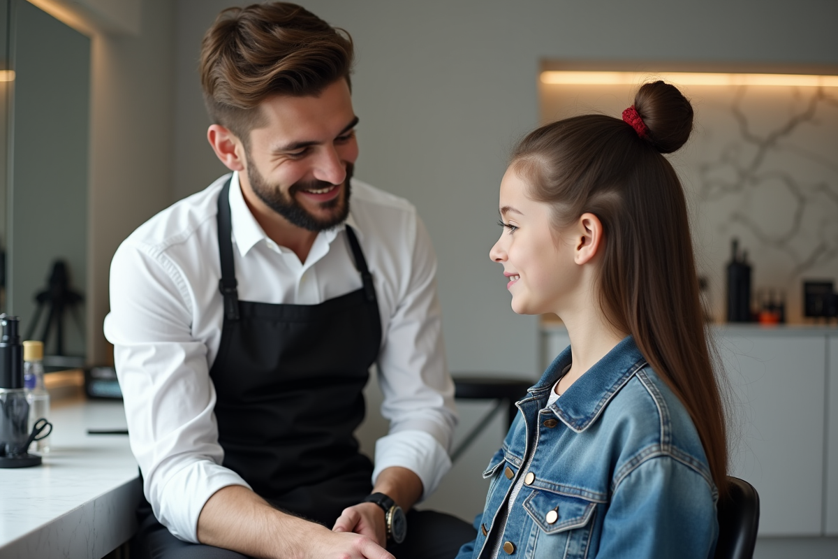 Coiffeur et adolescente discutant d