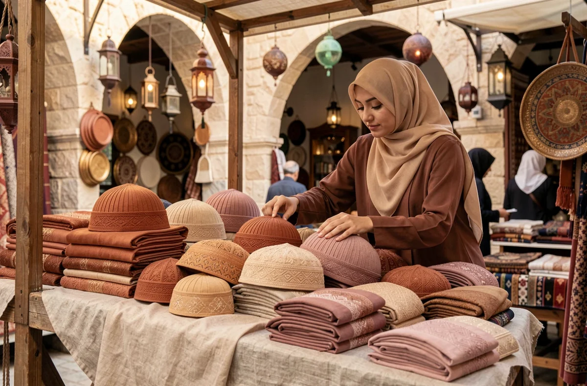 Sélection de chapeaux musulmans tendance 2026 en tons terreux exposés sur un étal de souk artisanal