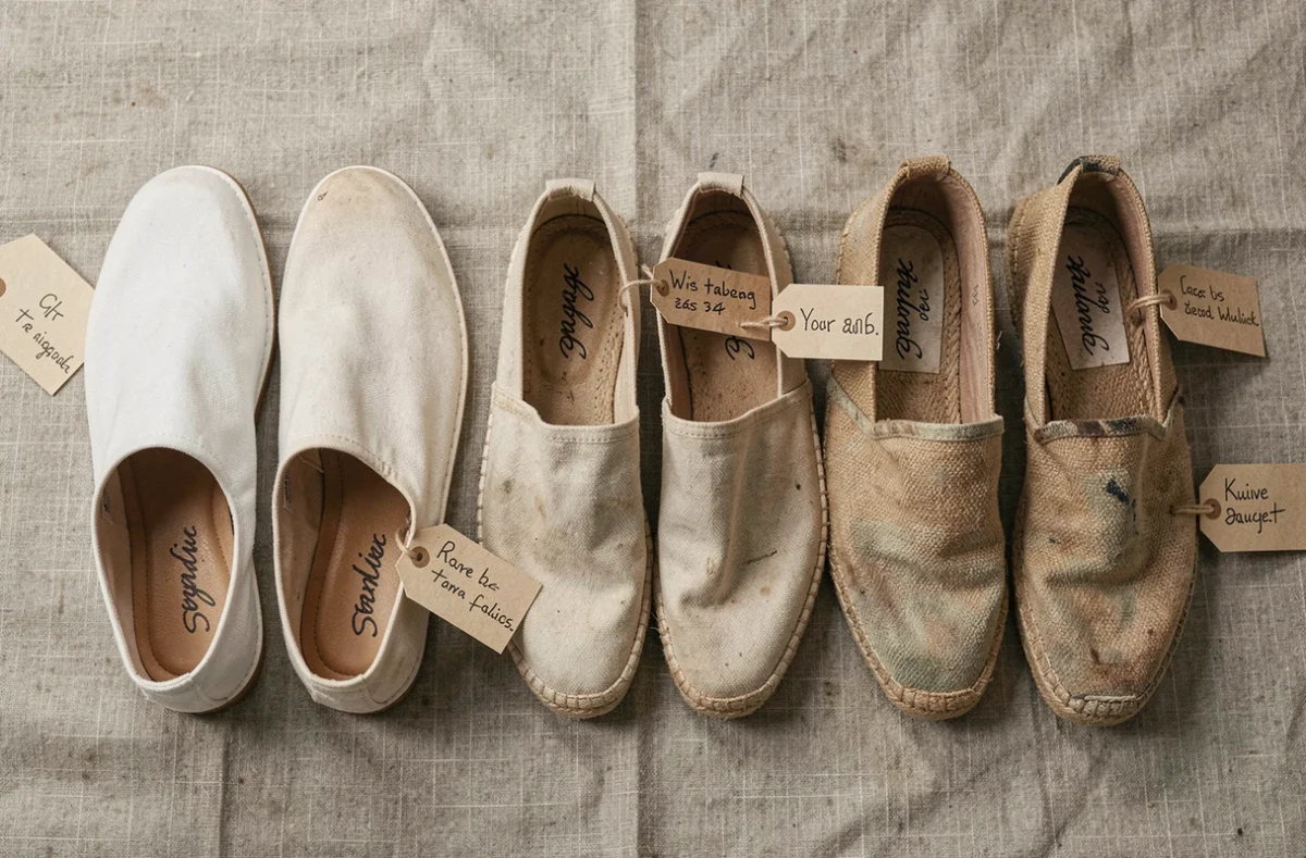 Comparaison de trois paires d'espadrilles à différents stades d'usure posées sur du lin, illustrant les critères de longévité et de durabilité d'une espadrille de qualité