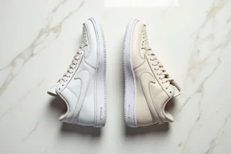 Comparaison côte à côte d'une Nike Air Force 1 authentique et d'une contrefaçon sur marbre blanc, vue du dessus