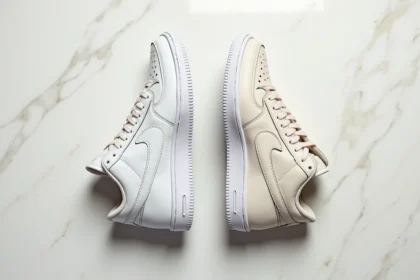 Comparaison côte à côte d'une Nike Air Force 1 authentique et d'une contrefaçon sur marbre blanc, vue du dessus