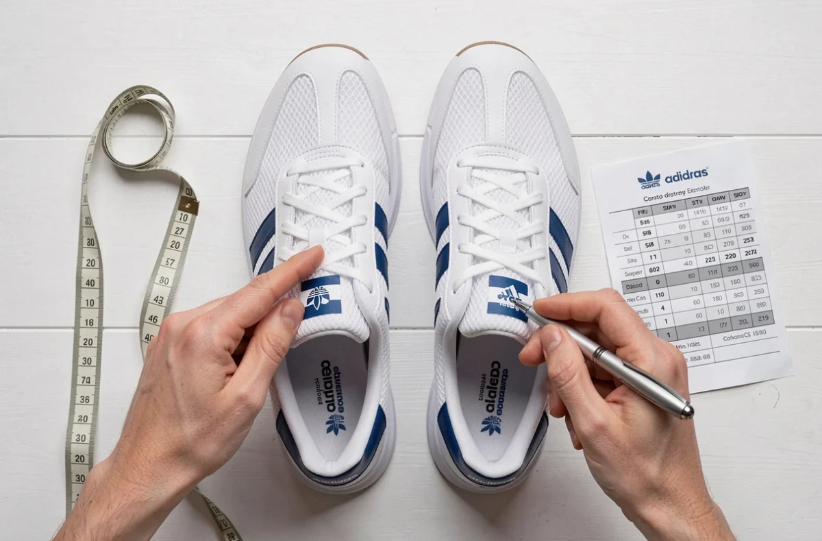 Comparaison de tailles de chaussures Adidas avec mètre ruban et guide des pointures sur fond blanc