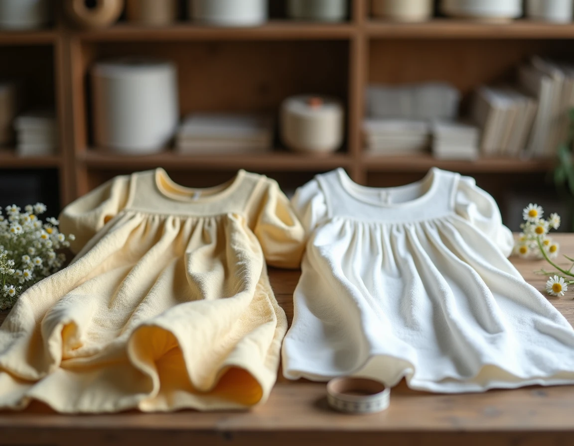 Comparaison tissu lin et coton pour robe hippie, deux robes pliées côte à côte sur une table en bois d'atelier artisanal