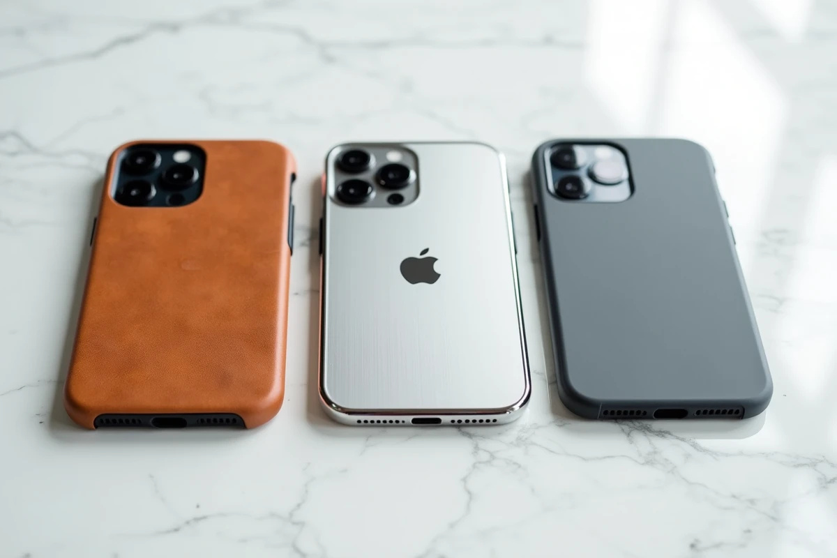 Comparatif de trois coques iPhone 15 Pro en cuir pleine fleur, aluminium brossé et polycarbonate mat sur marbre blanc