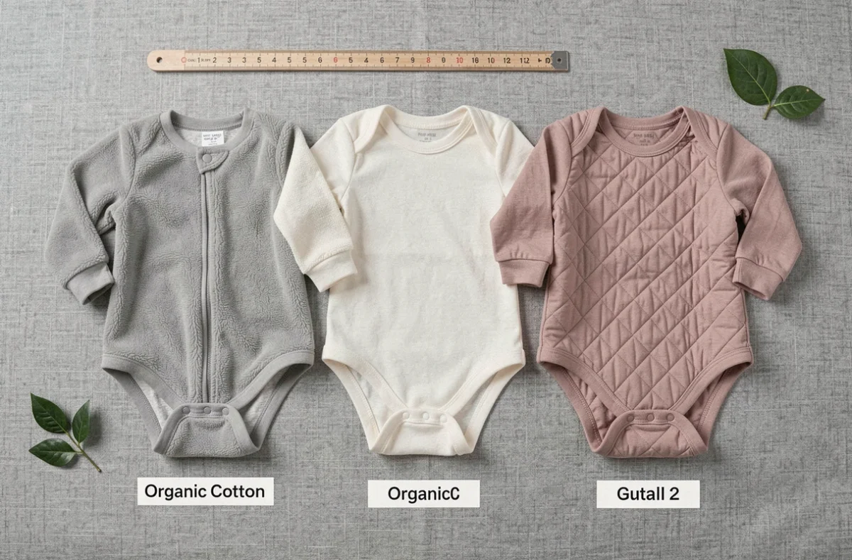 Comparaison de trois grenouillères bébé en différentes matières posées côte à côte pour aider à choisir la meilleure qualité au meilleur prix