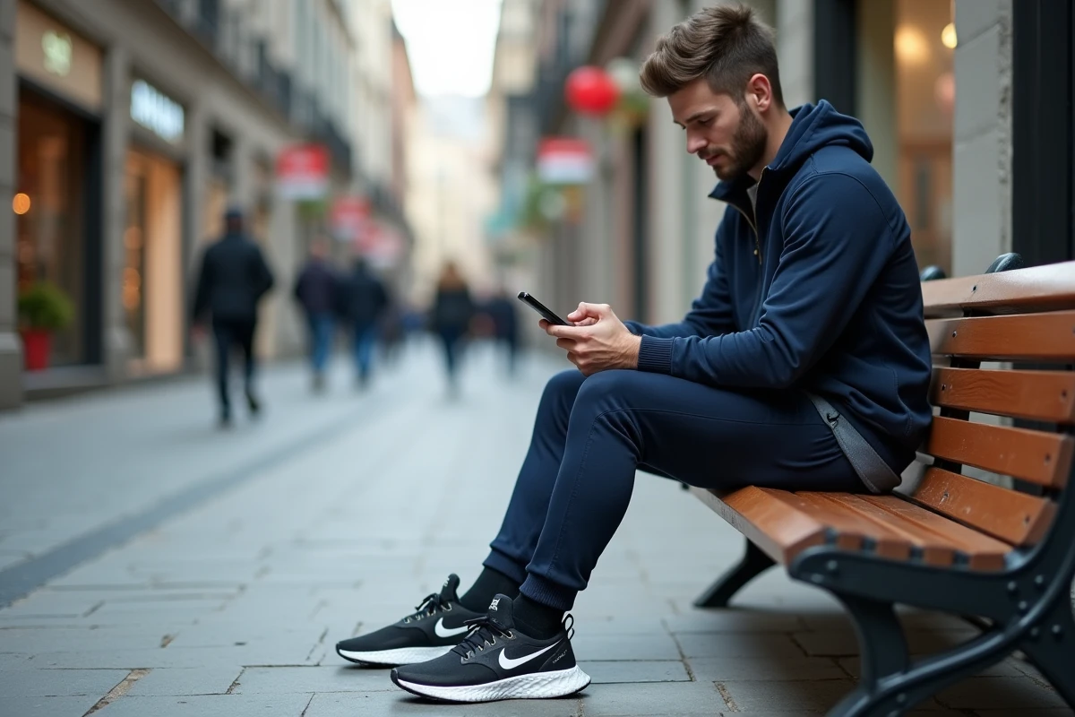 Homme comparant des Nike sur une application mobile en plein air dans un quartier commerçant urbain