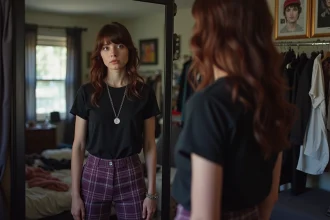 Jeune femme construisant son style emo devant un miroir, portant un tee-shirt de groupe noir et un pantalon tartan avec des accessoires argentés dans une chambre décorée de posters de groupes