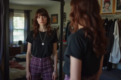 Jeune femme construisant son style emo devant un miroir, portant un tee-shirt de groupe noir et un pantalon tartan avec des accessoires argentés dans une chambre décorée de posters de groupes