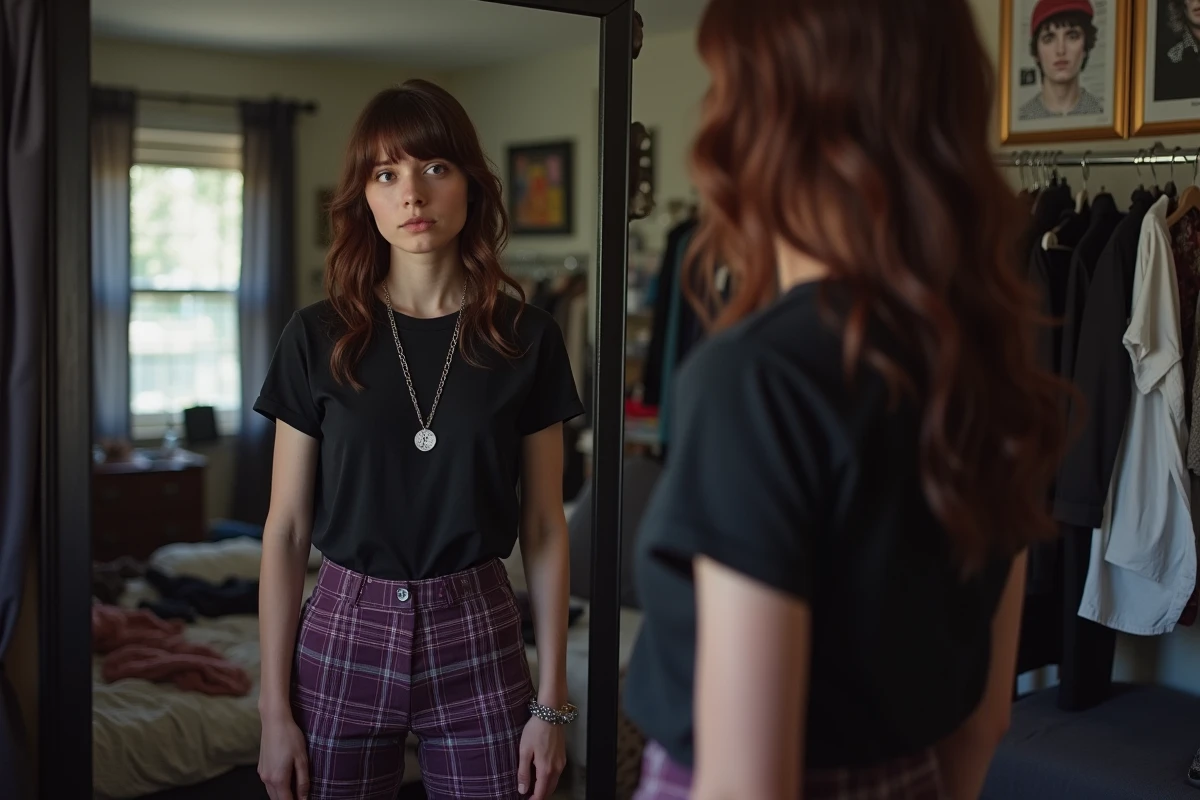 Jeune femme construisant son style emo devant un miroir, portant un tee-shirt de groupe noir et un pantalon tartan avec des accessoires argentés dans une chambre décorée de posters de groupes