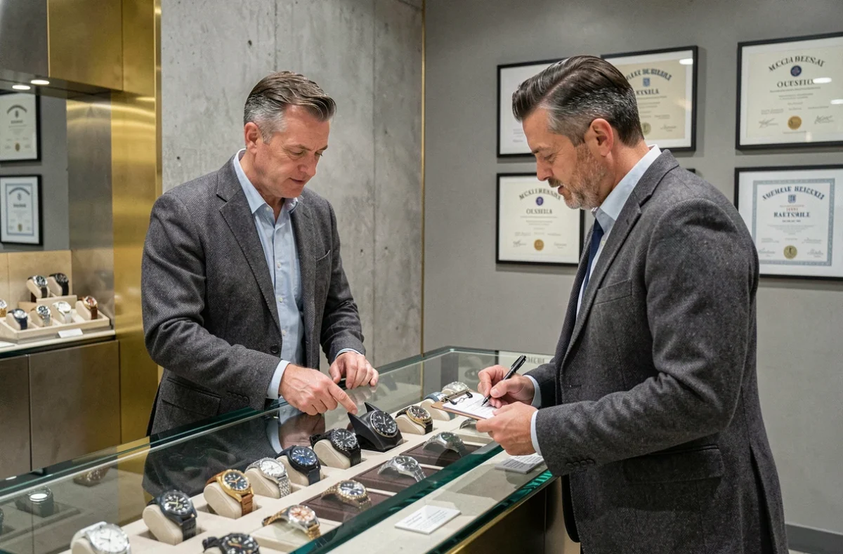 Deux hommes consultant un revendeur agréé pour l'achat d'une GMT Bruce Wayne Batman dans une boutique horlogerie moderne
