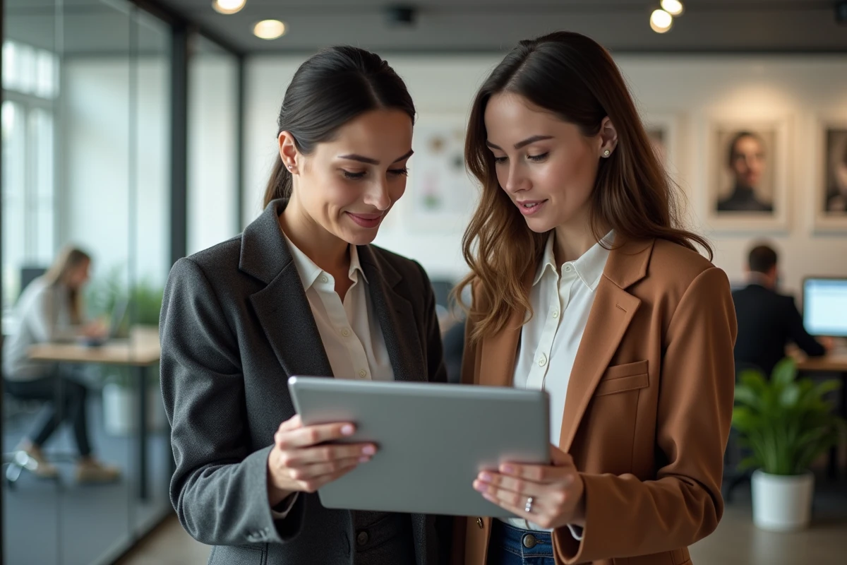 Deux femmes consultant un portfolio photographique sur une tablette dans un espace de coworking, représentant la recherche de sources d'images fiables et vérifiées