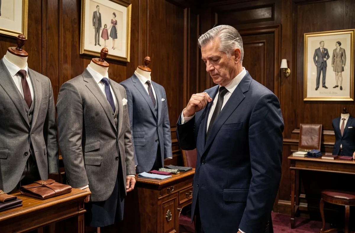 Boutique Continental à Avignon spécialisée dans l'élégance masculine classique avec costumes taillés et accessoires en cuir sur des meubles en acajou