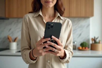 Femme tenant un iPhone 14 Plus avec coque à anneau intégré dans une cuisine moderne