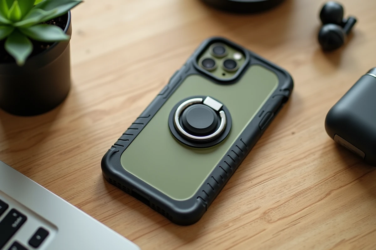 Coque iPhone 14 Plus avec anneau et support vue de dessus sur un bureau en bois